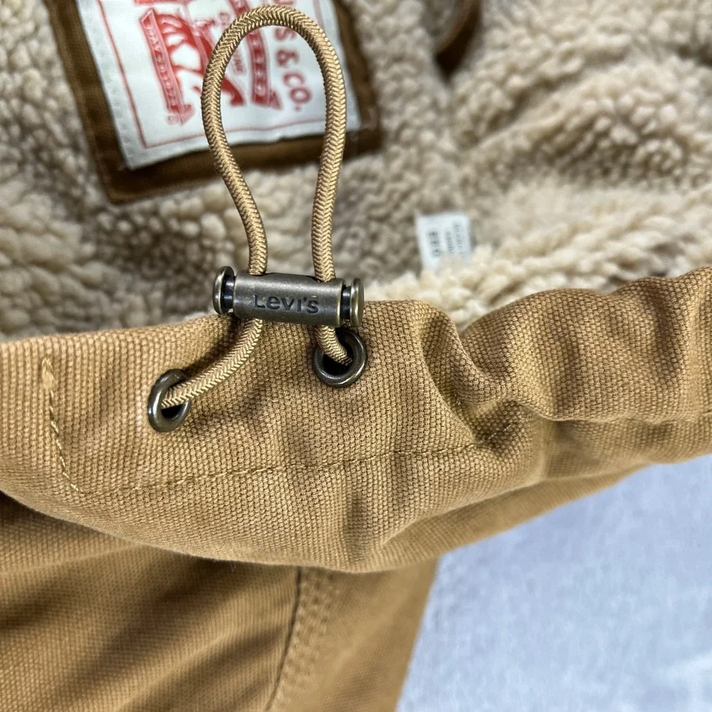 Levis Hooded Canvas Work Barn Jacket XXL Brown Sherpa Lined Utility Workwear